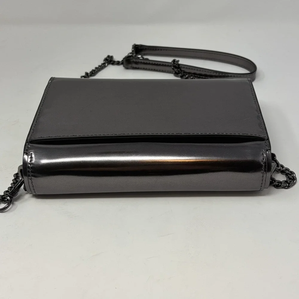 Tory Burch Emerson‎ Patent Chain Wallet Gunmetal Metallic Crossbody